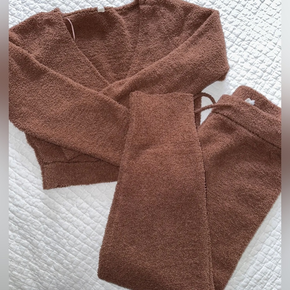 ANTHROPOLOGIE Daily Practice 2 pc Teddy Soft Lounge Set Top Pants - Rose Brown